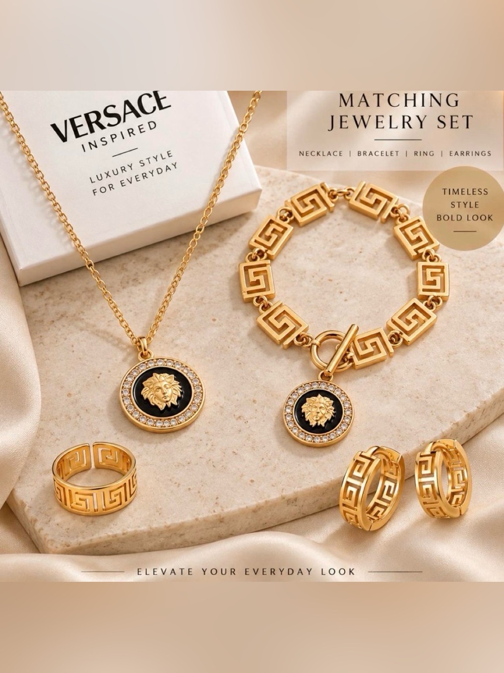 Versace-Inspired Gold-Tone Greek Key Jewelry Set